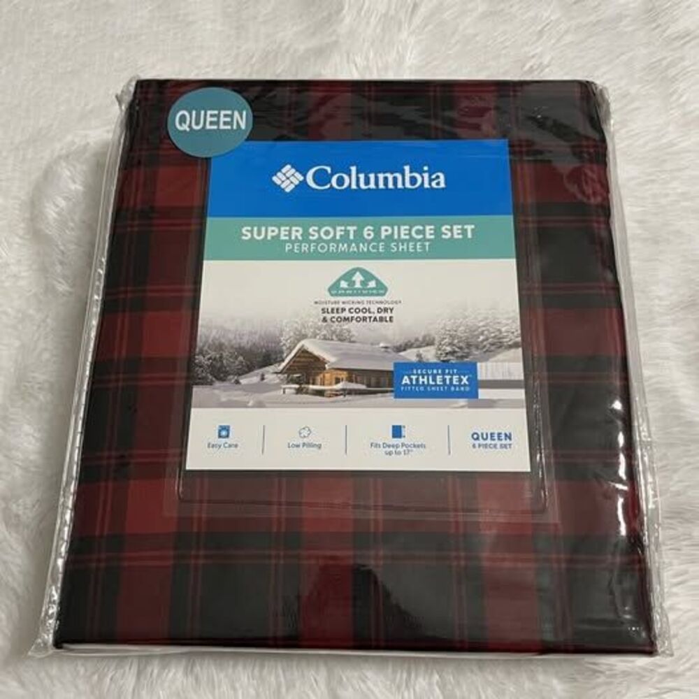 Columbia Super Soft Performance Red Black Plaid Queen Sheet 6 Piece Set Athletex